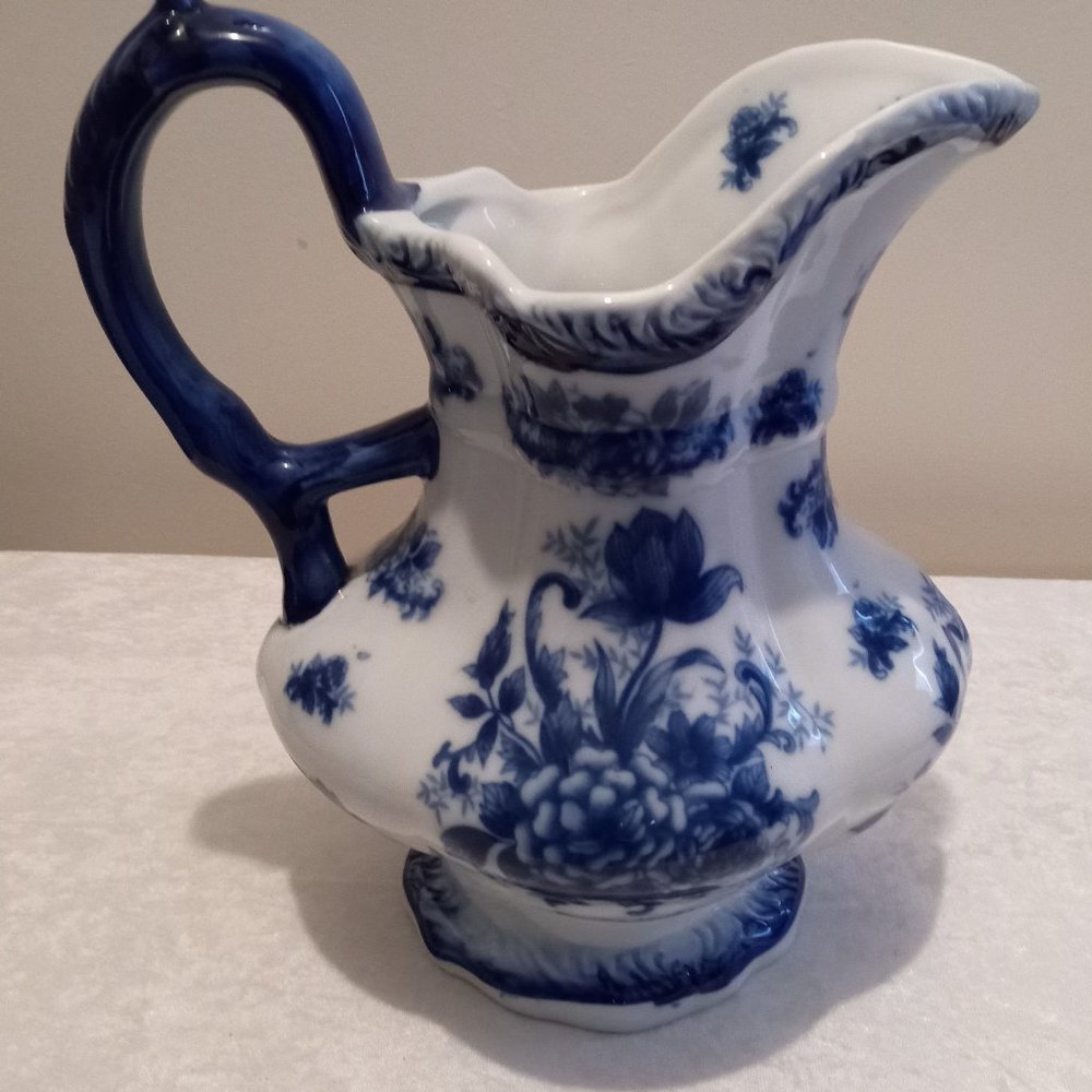 Vintage Canton Hand Painted Porcelin China Blue & White Pitcher